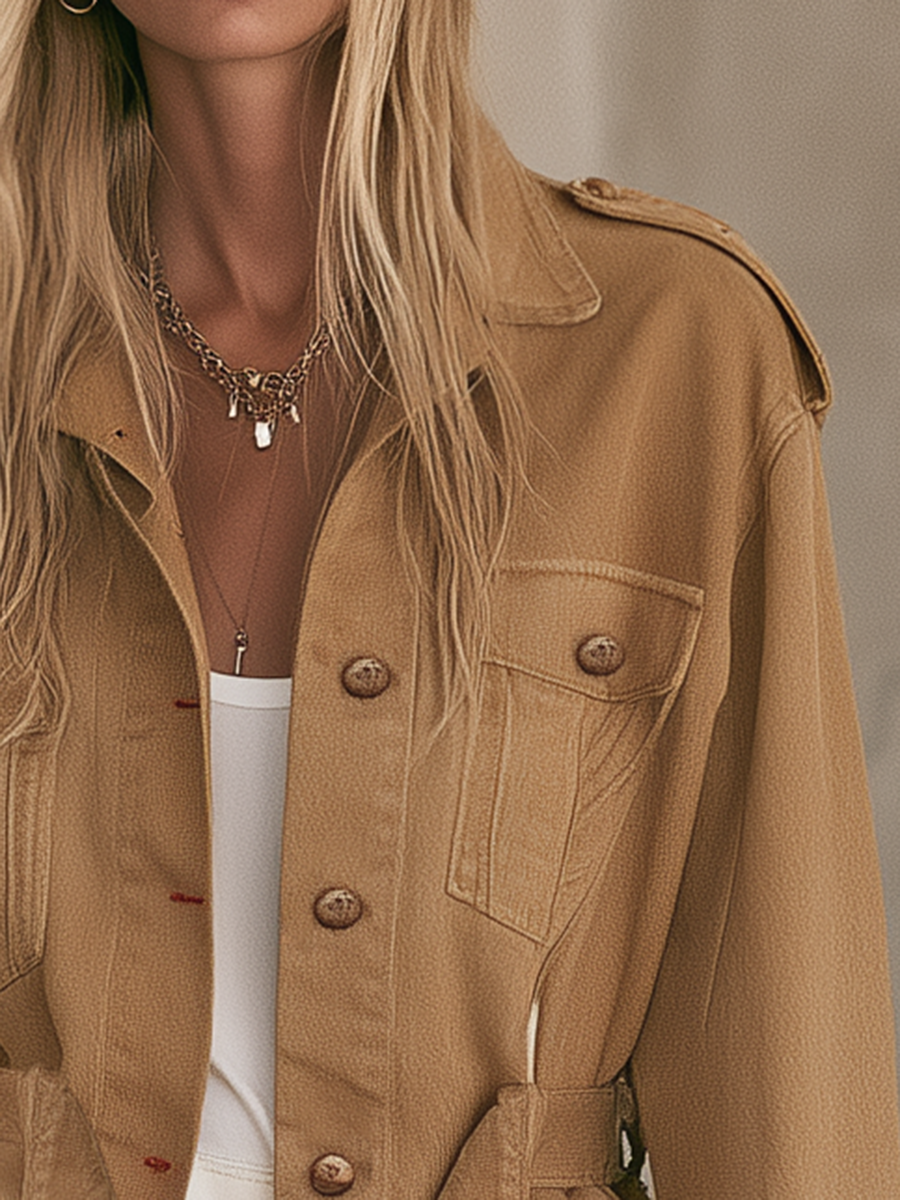 Camel Belted Utility Jacket With Safari Pockets And Epaulettes