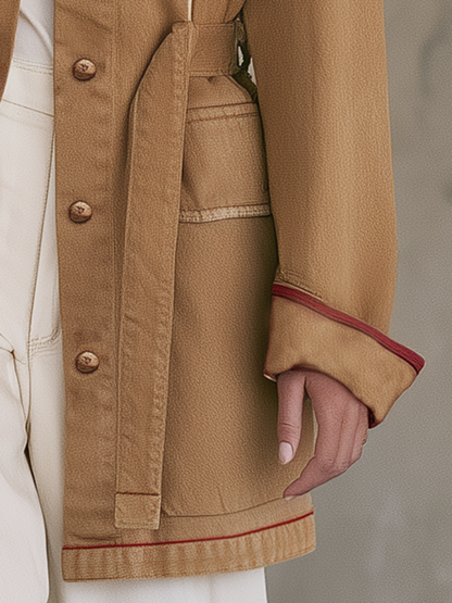 Camel Belted Utility Jacket With Safari Pockets And Epaulettes