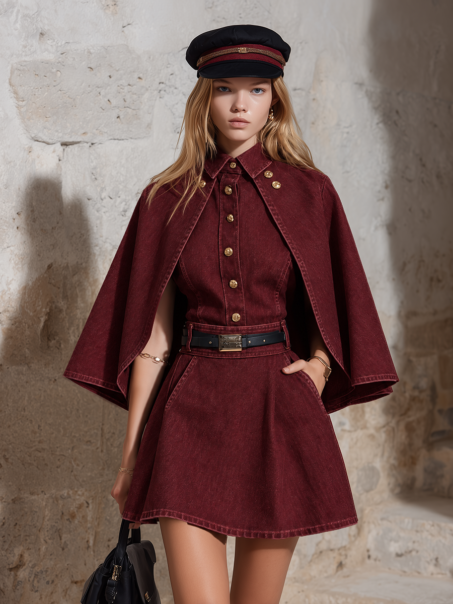 Burgundy Denim Cape Sleeve Mini Dress With Belt And Gold Buttons
