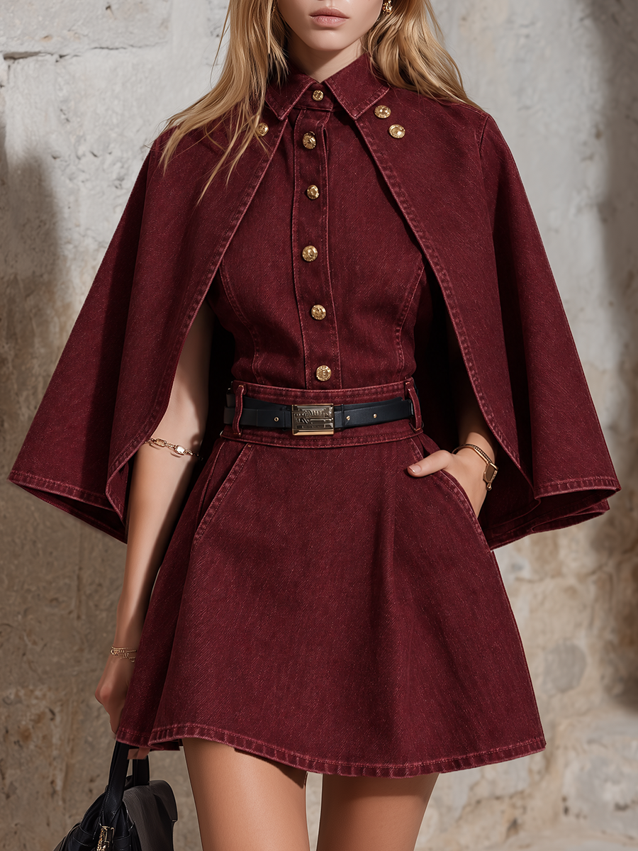 Burgundy Denim Cape Sleeve Mini Dress With Belt And Gold Buttons