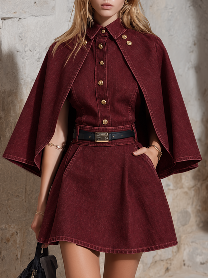 Burgundy Denim Cape Sleeve Mini Dress With Belt And Gold Buttons