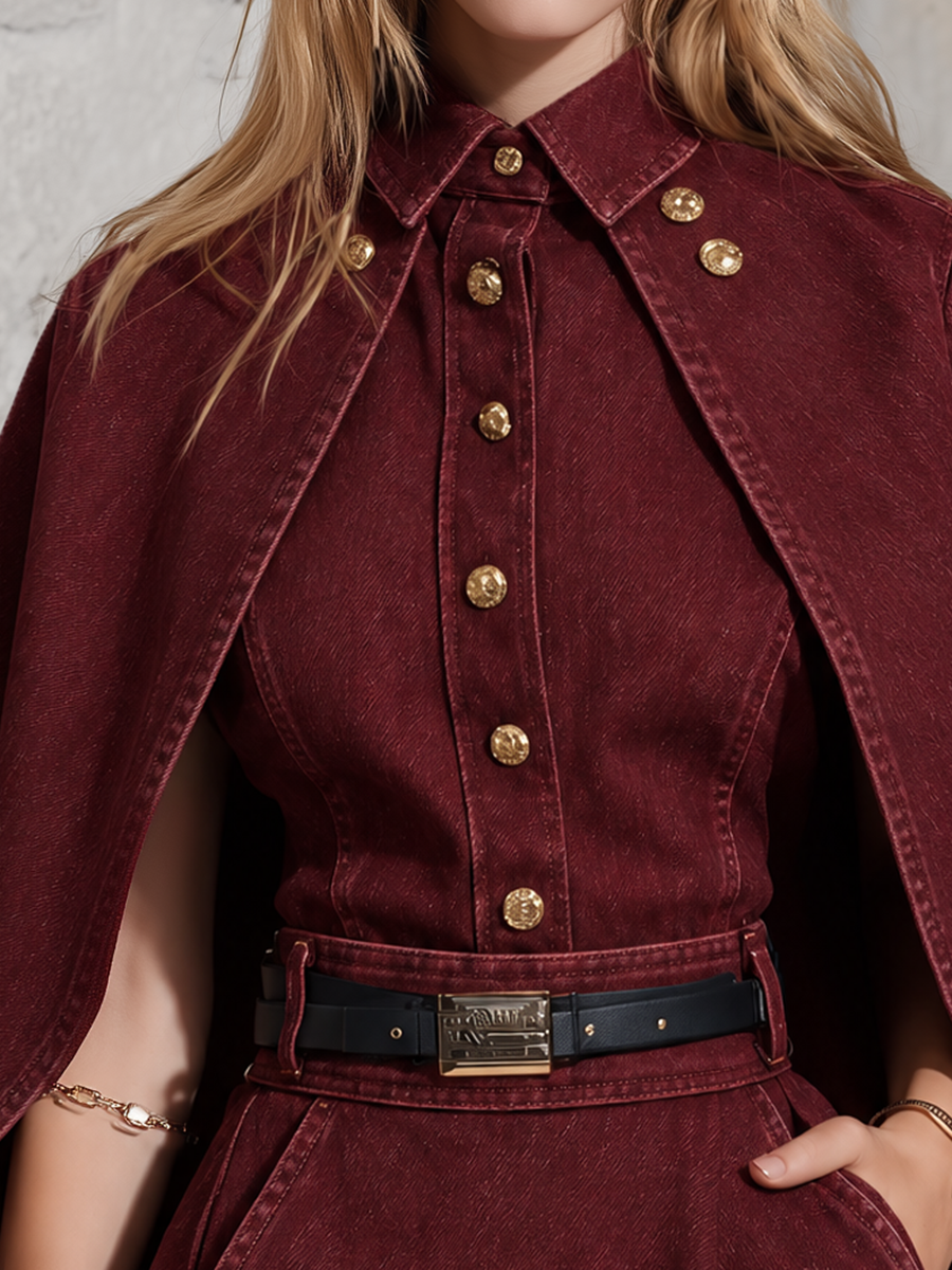 Burgundy Denim Cape Sleeve Mini Dress With Belt And Gold Buttons