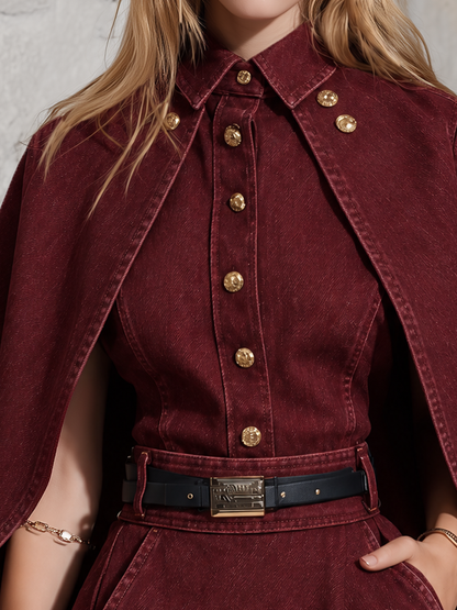 Burgundy Denim Cape Sleeve Mini Dress With Belt And Gold Buttons