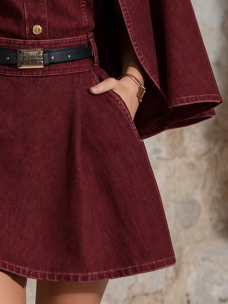 Burgundy Denim Cape Sleeve Mini Dress With Belt And Gold Buttons