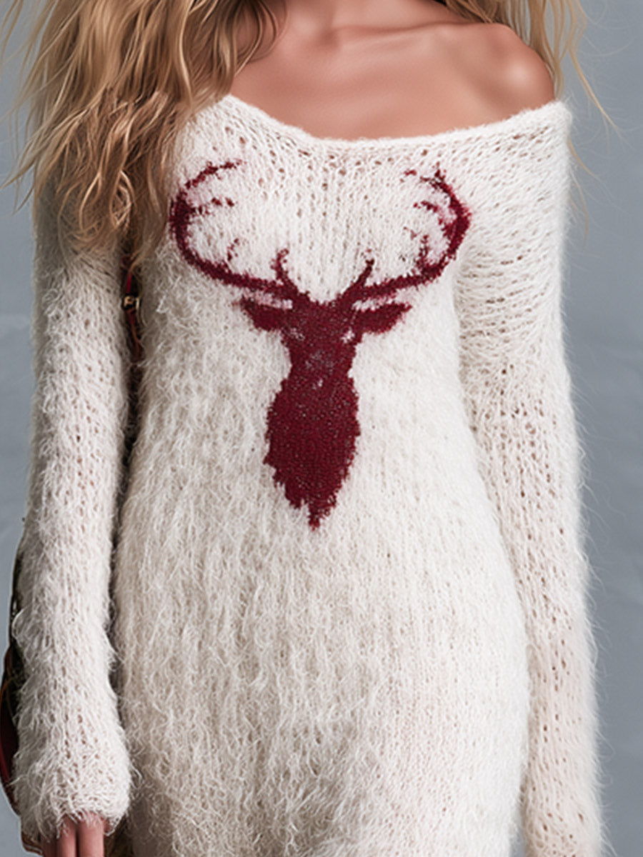 Vintage &amp; Cozy V-Neck Deer Motif Ivory Long Shaggy-Knit Maxi Dress