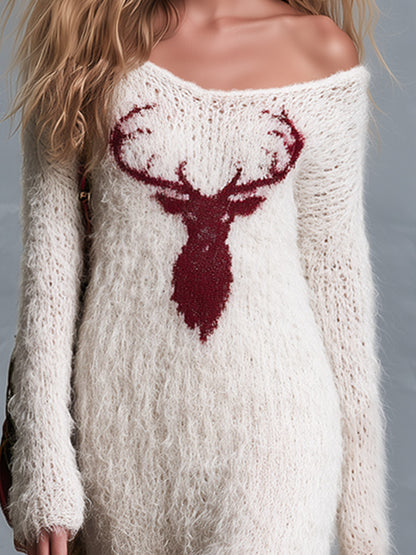 Vintage &amp; Cozy V-Neck Deer Motif Ivory Long Shaggy-Knit Maxi Dress