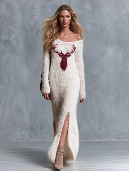 Vintage &amp; Cozy V-Neck Deer Motif Ivory Long Shaggy-Knit Maxi Dress