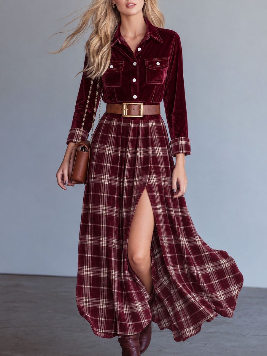 Retro Casual Plaid Print Red Velvet Lapel Slit Velvet Maxi Dress