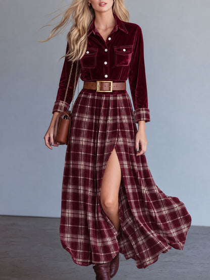 Retro Casual Plaid Print Red Velvet Lapel Slit Velvet Maxi Dress