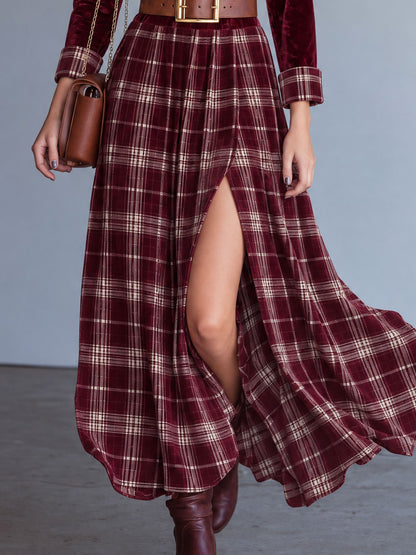 Retro Casual Plaid Print Red Velvet Lapel Slit Velvet Maxi Dress