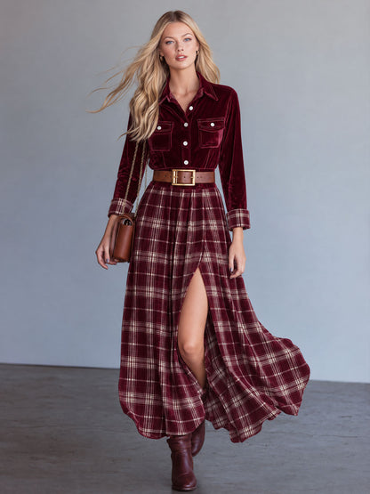 Retro Casual Plaid Print Red Velvet Lapel Slit Velvet Maxi Dress