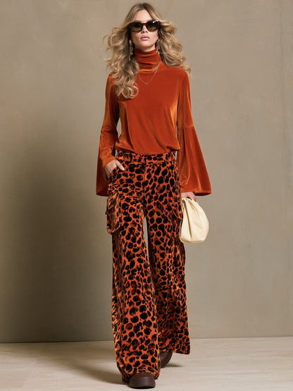 Stylish High-Neck Orange Velvet Long-Sleeved Pumpkin Leopard Print Cargo Pants Set