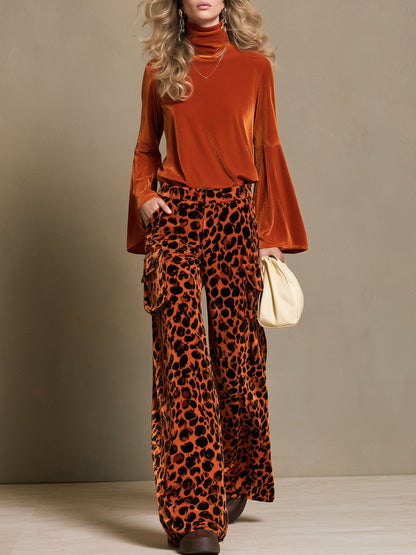 Stylish High-Neck Orange Velvet Long-Sleeved Pumpkin Leopard Print Cargo Pants Set