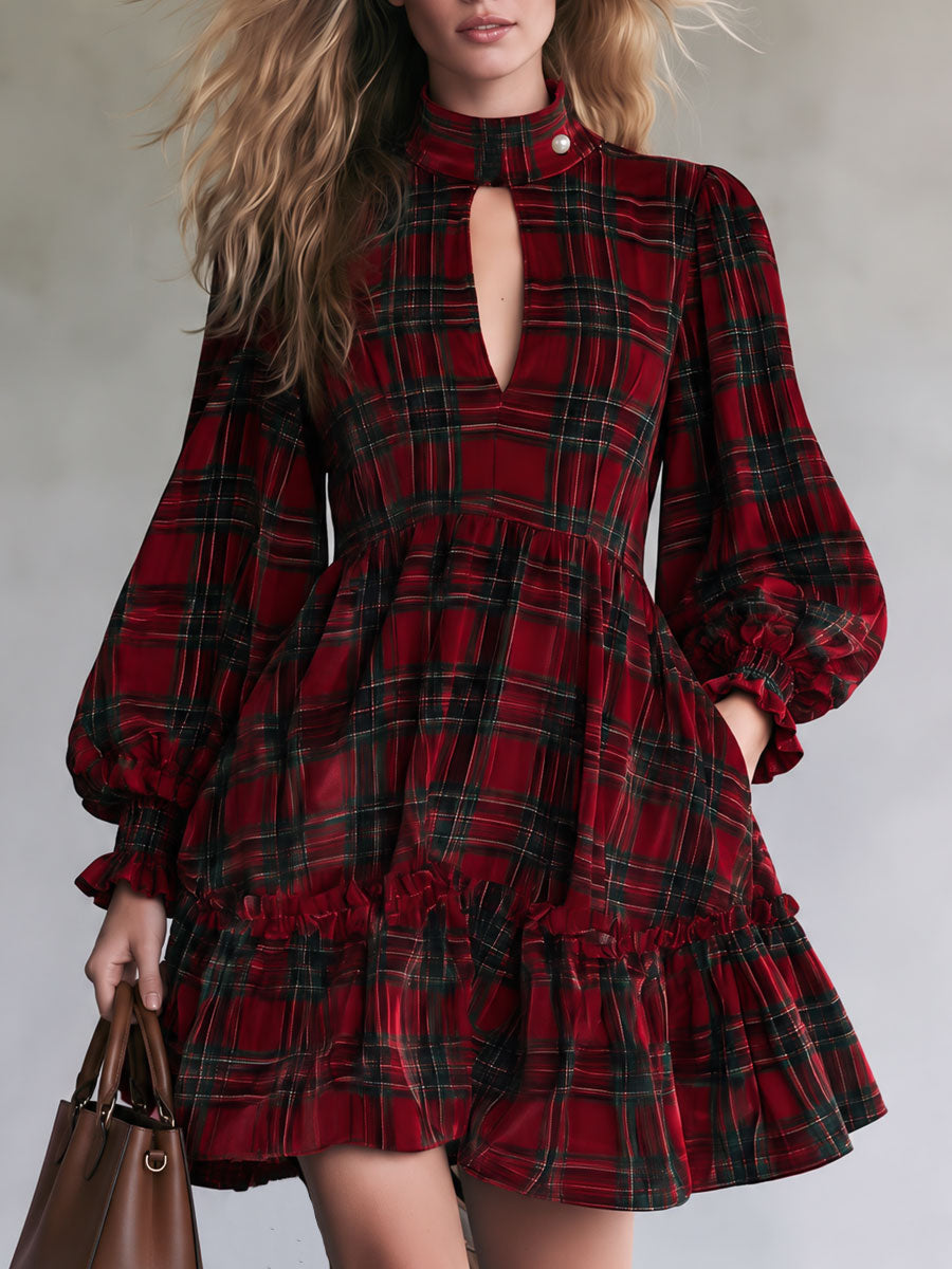 Retro-elegant Red Plaid Print High-neck Hollowed-out Ruffled Velvet Mini Dress