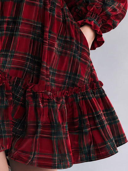 Retro-elegant Red Plaid Print High-neck Hollowed-out Ruffled Velvet Mini Dress