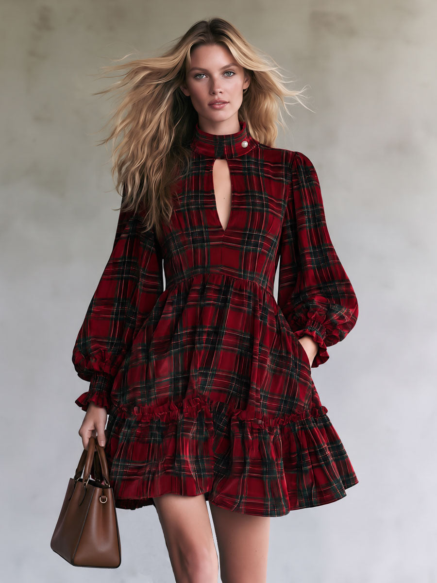 Retro-elegant Red Plaid Print High-neck Hollowed-out Ruffled Velvet Mini Dress