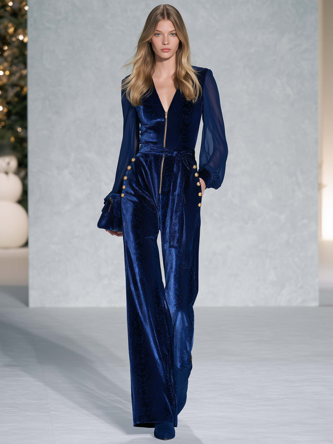 Retro Dark Blue Velvet Wide Leg Jumpsuit Sheer Chiffon Sleeve Gold Zip