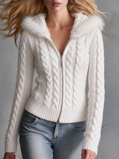 Retro Elegant White Faux Fur-Trimmed Hooded Cable Knit Zip-Up Cardigan