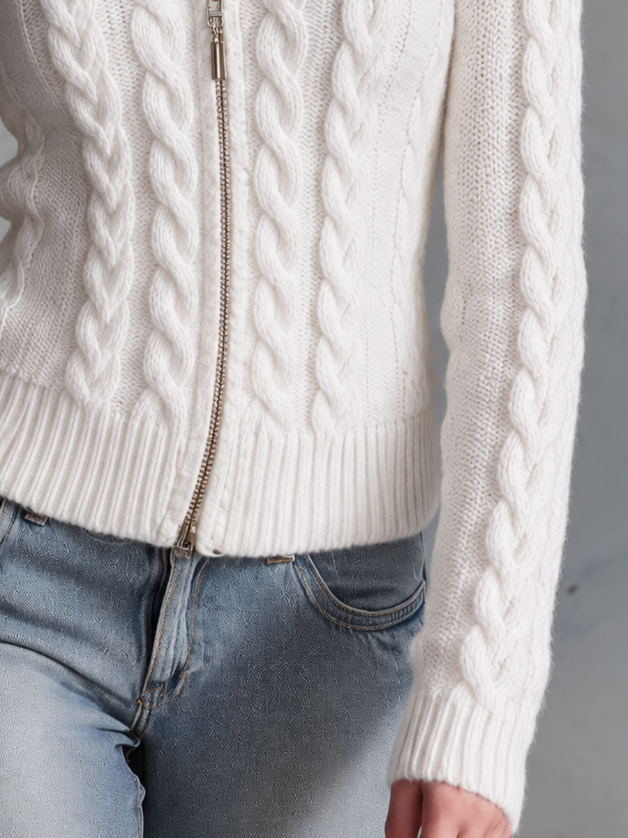 Retro Elegant White Faux Fur-Trimmed Hooded Cable Knit Zip-Up Cardigan