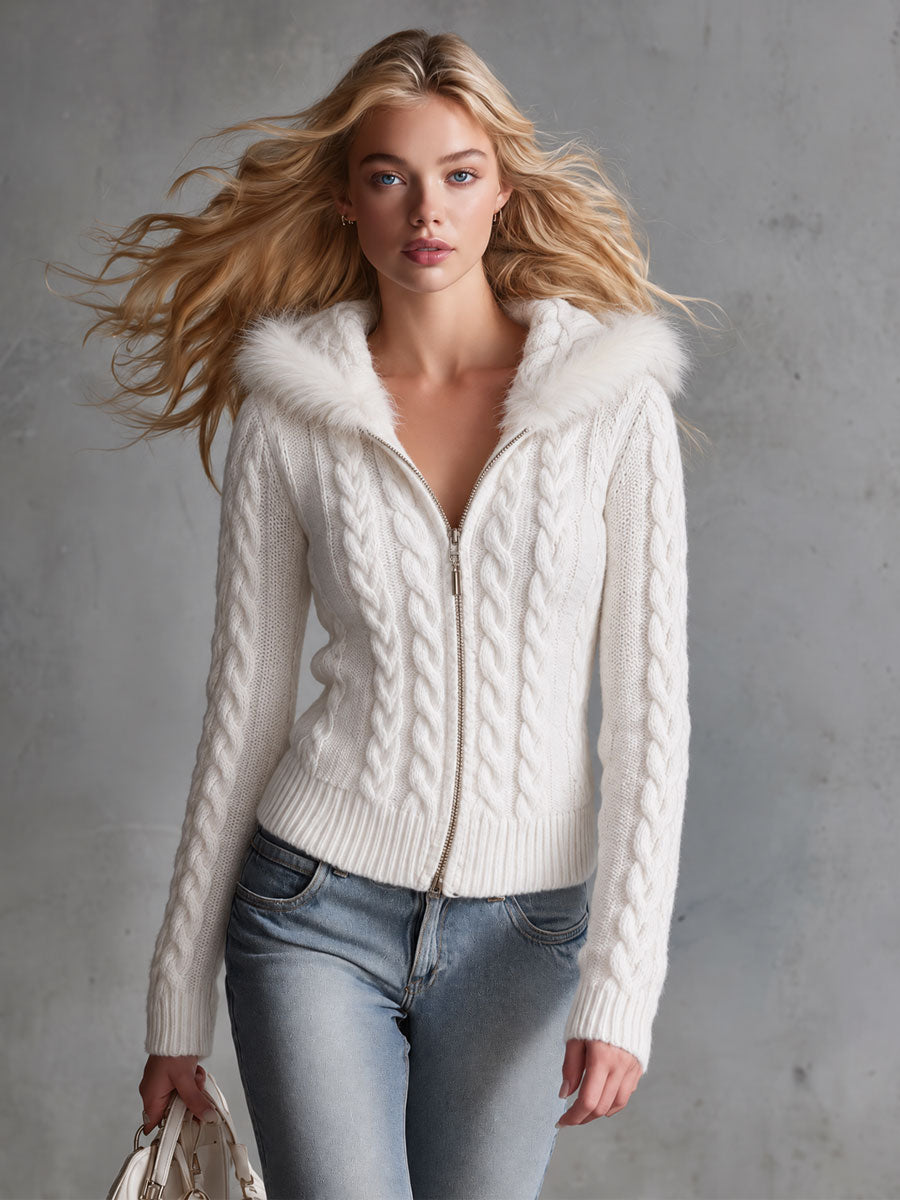 Retro Elegant White Faux Fur-Trimmed Hooded Cable Knit Zip-Up Cardigan