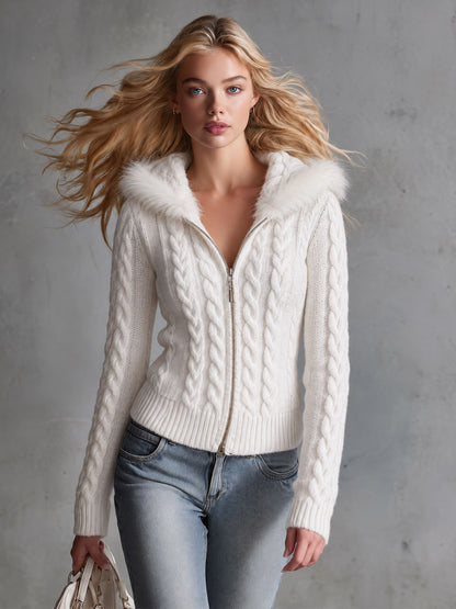 Retro Elegant White Faux Fur-Trimmed Hooded Cable Knit Zip-Up Cardigan