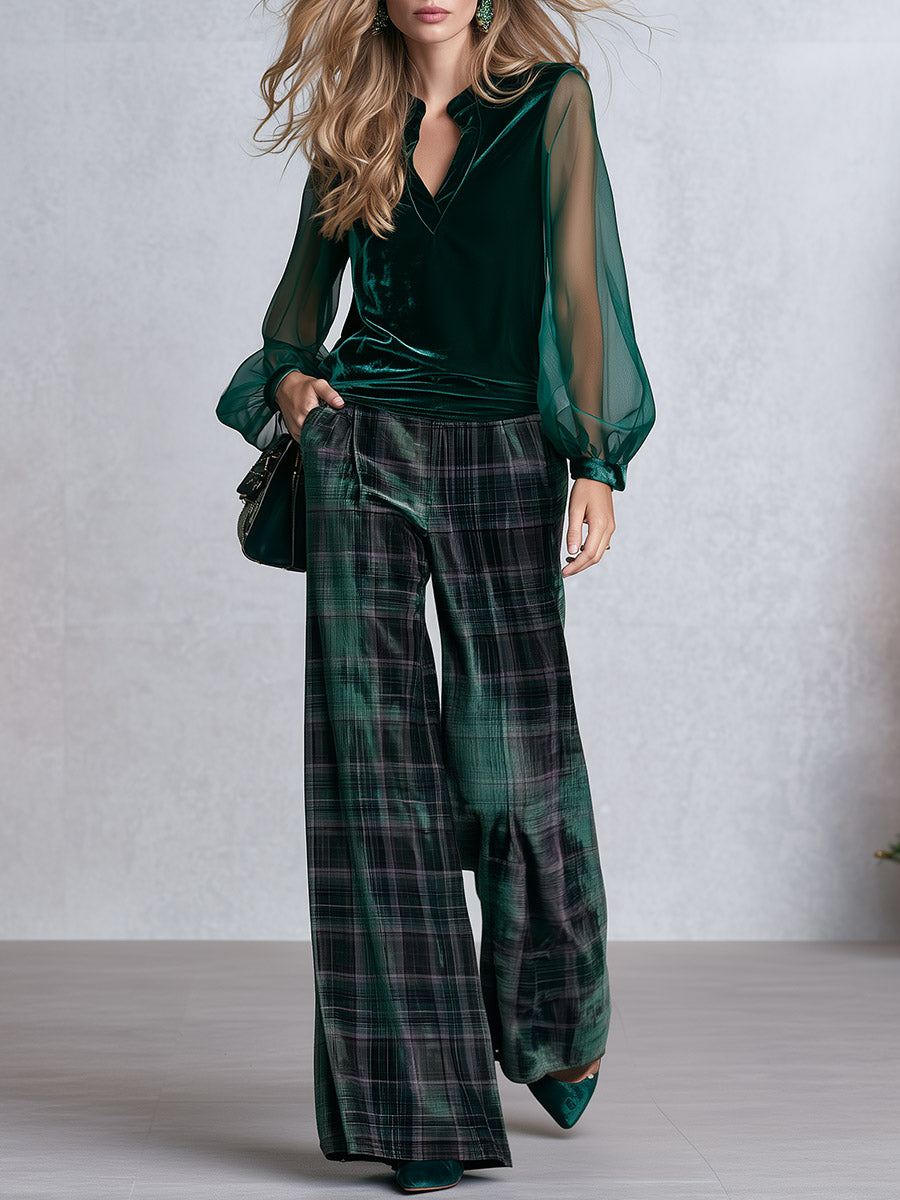 Vintage-style Green Sheer-sleeve Blouse And Plaid Wide-leg Trousers Velvet Set