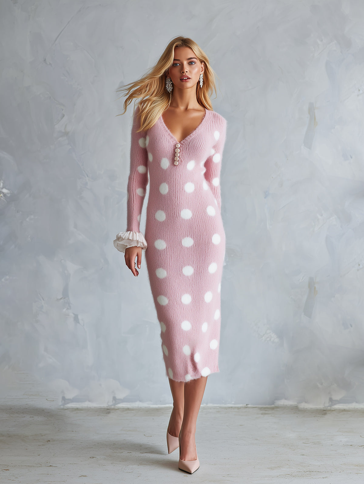 Cozy And Elegant Ruffled-cuff Pink Polka-dot Knit Midi Dress