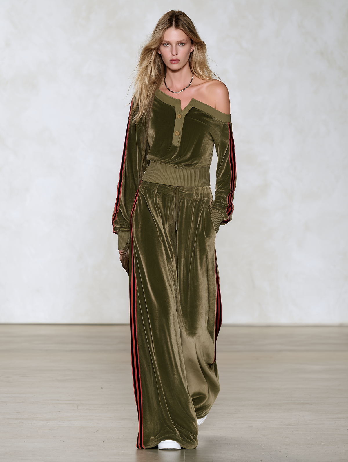 Sophisticated And Elegant Urban-style Color-block Velvet Set With An Asymmetrical Off-shoulder Top And Trousers