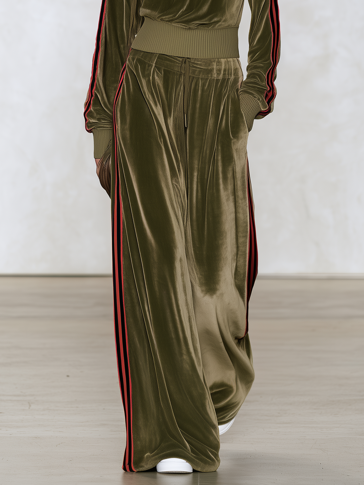 Sophisticated And Elegant Urban-style Color-block Velvet Set With An Asymmetrical Off-shoulder Top And Trousers