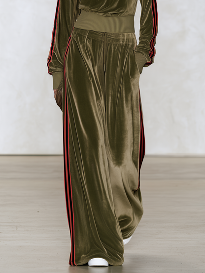Sophisticated And Elegant Urban-style Color-block Velvet Set With An Asymmetrical Off-shoulder Top And Trousers