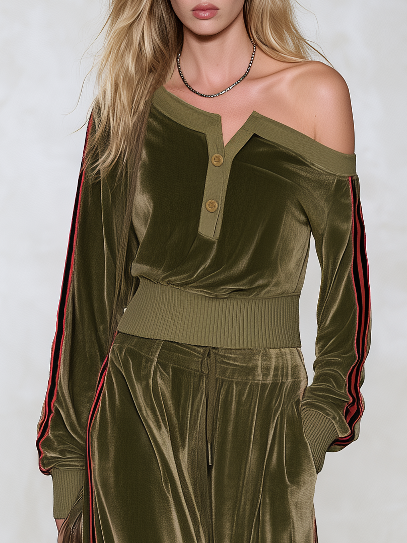 Sophisticated And Elegant Urban-style Color-block Velvet Set With An Asymmetrical Off-shoulder Top And Trousers