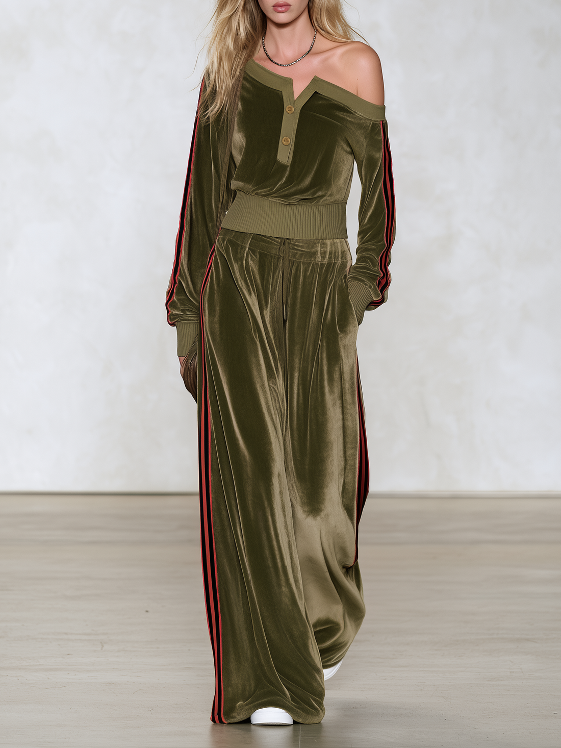Sophisticated And Elegant Urban-style Color-block Velvet Set With An Asymmetrical Off-shoulder Top And Trousers
