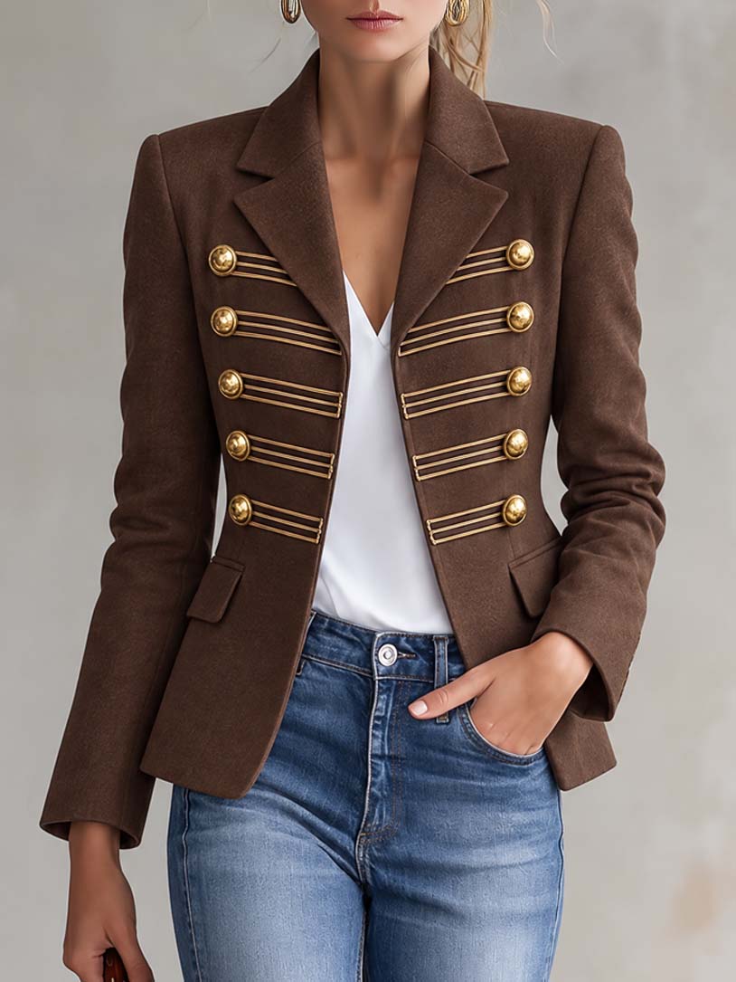 Vintage Military Brown Blazer Jacket Women Gold Button Braid Trim Notch Lapel