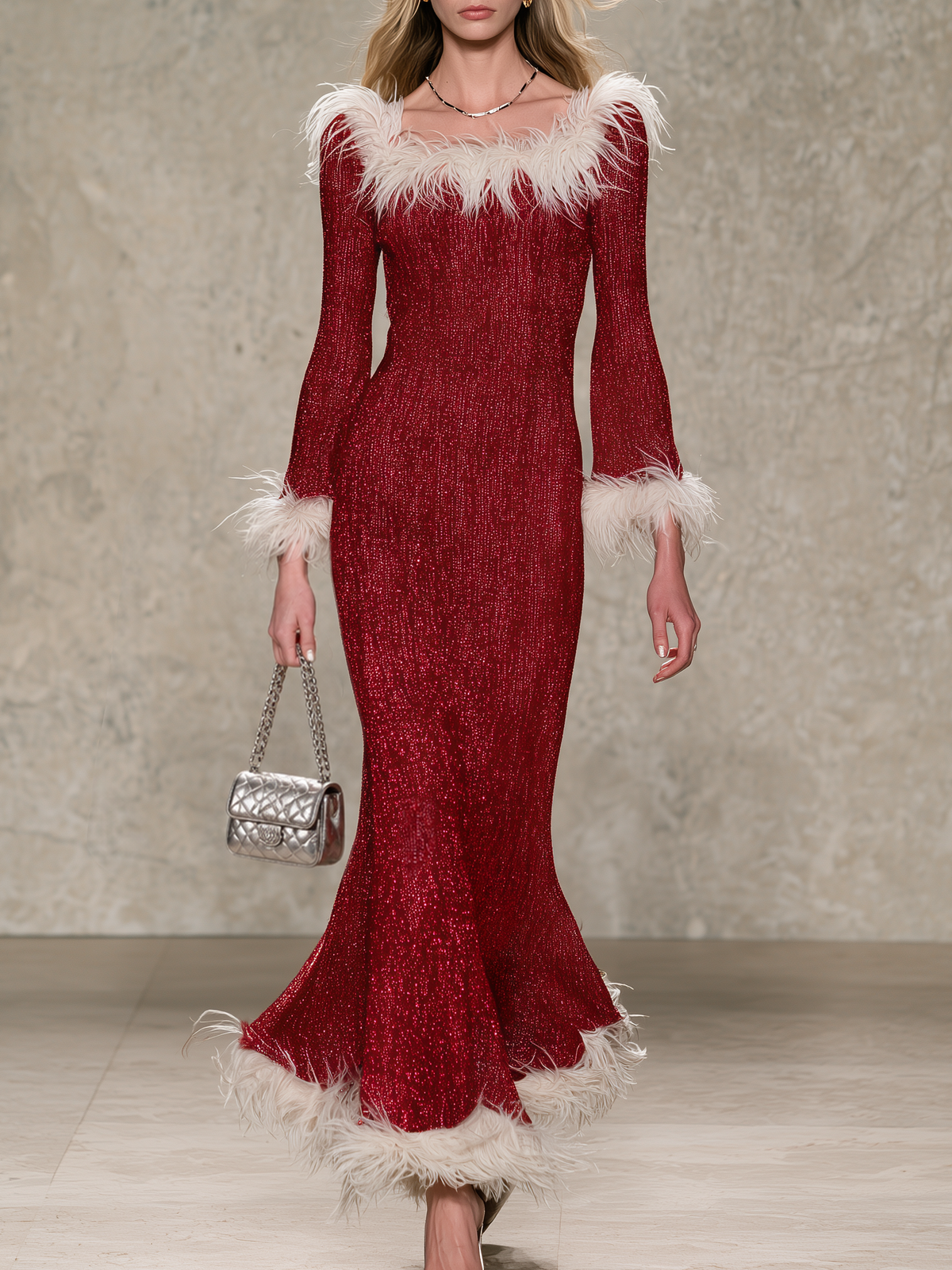 Elegant Resort-Style Knit Maxi Dress With Feather-Trimmed Flared Sleeves