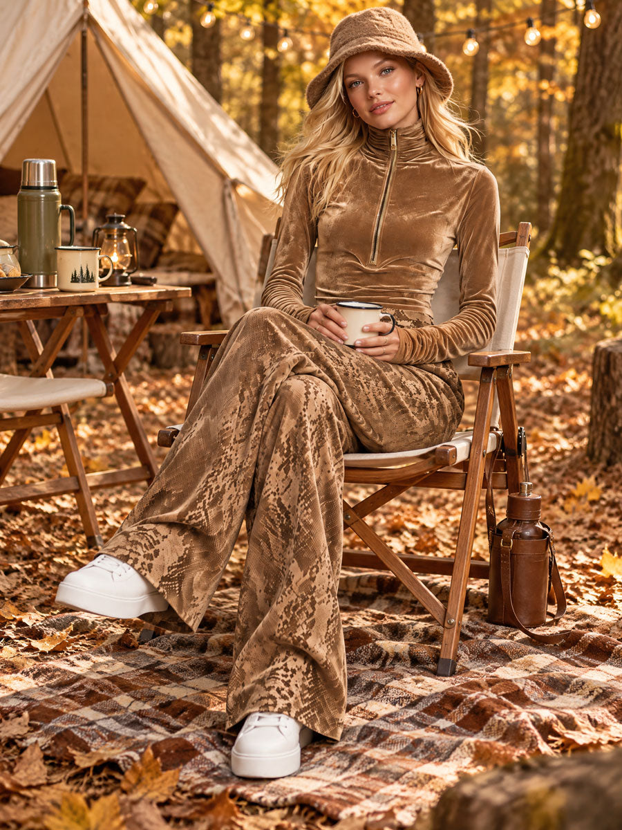Retro-elegant Brown Turtleneck Velvet Top And Snakeskin Print Trousers Set