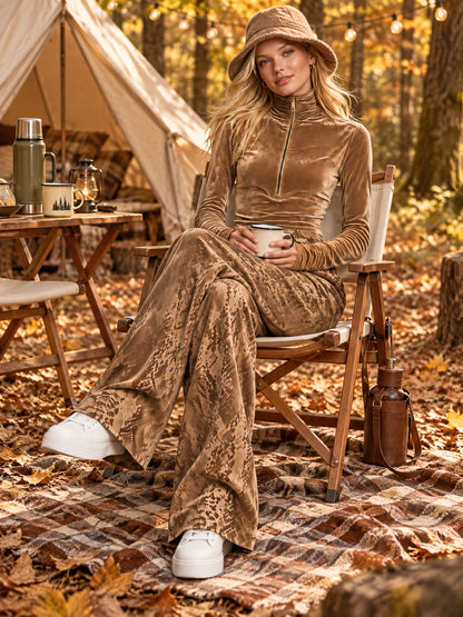 Retro-elegant Brown Turtleneck Velvet Top And Snakeskin Print Trousers Set