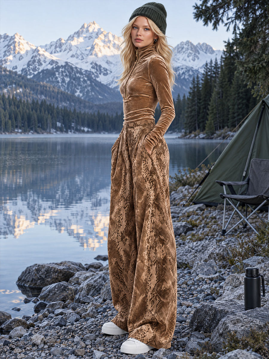 Retro-elegant Brown Turtleneck Velvet Top And Snakeskin Print Trousers Set