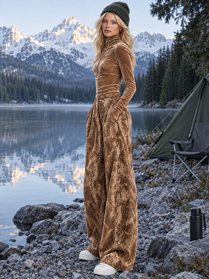 Retro-elegant Brown Turtleneck Velvet Top And Snakeskin Print Trousers Set