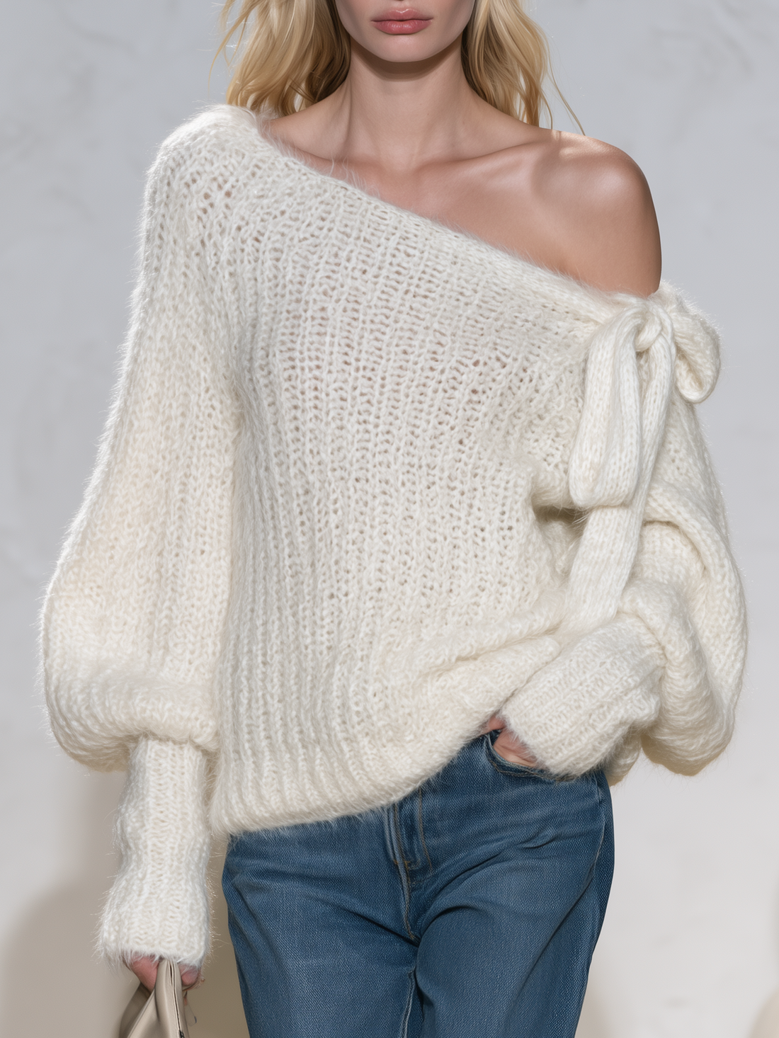 Sophisticated And Elegant Casual Mohair One-shoulder Tie-detail Knit Top