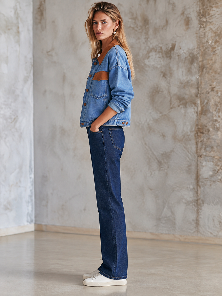 Women’s Oversized Denim Jacket With Contrast Leather-Trimmed Collar