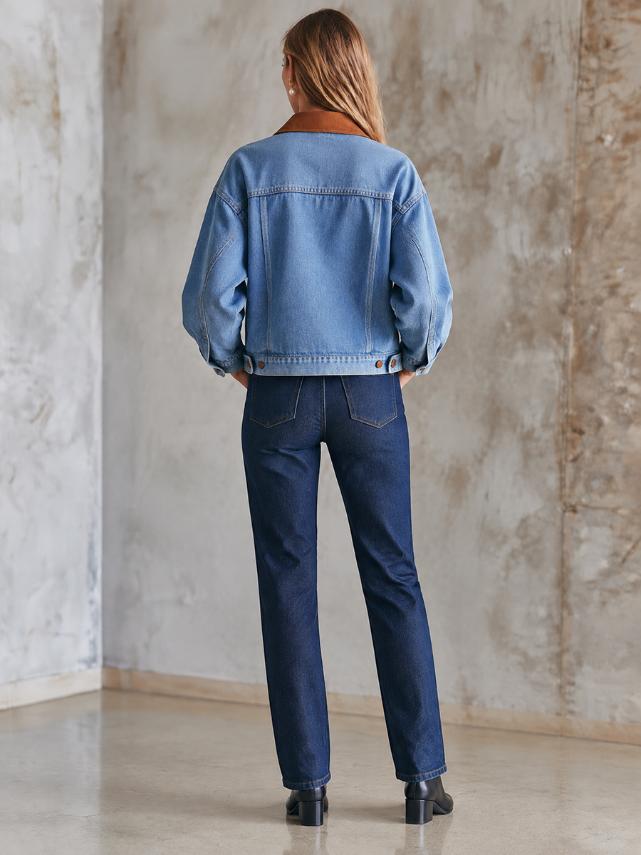 Women’s Oversized Denim Jacket With Contrast Leather-Trimmed Collar