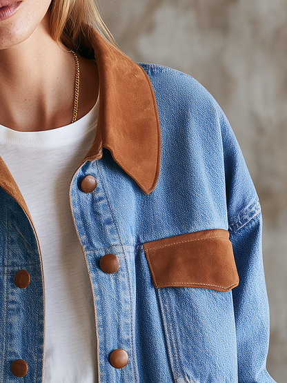 Women’s Oversized Denim Jacket With Contrast Leather-Trimmed Collar