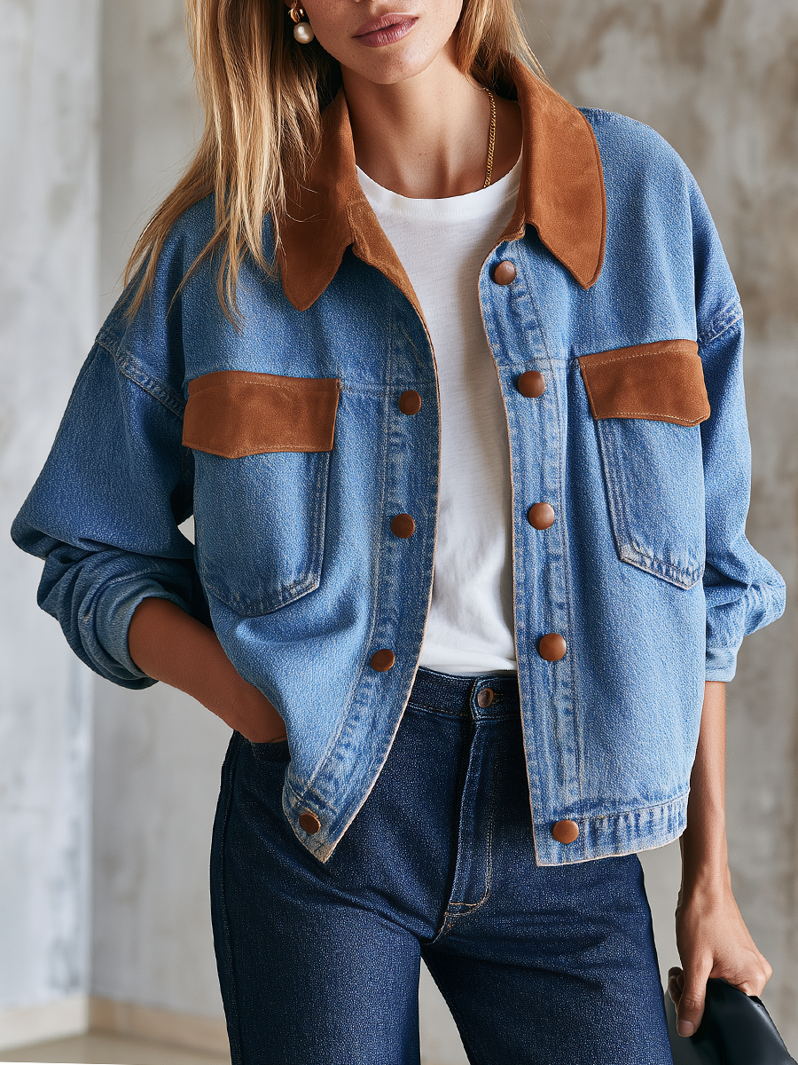 Women’s Oversized Denim Jacket With Contrast Leather-Trimmed Collar