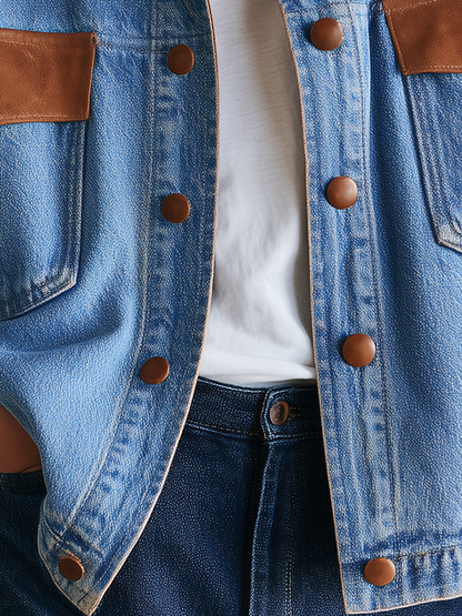 Women’s Oversized Denim Jacket With Contrast Leather-Trimmed Collar