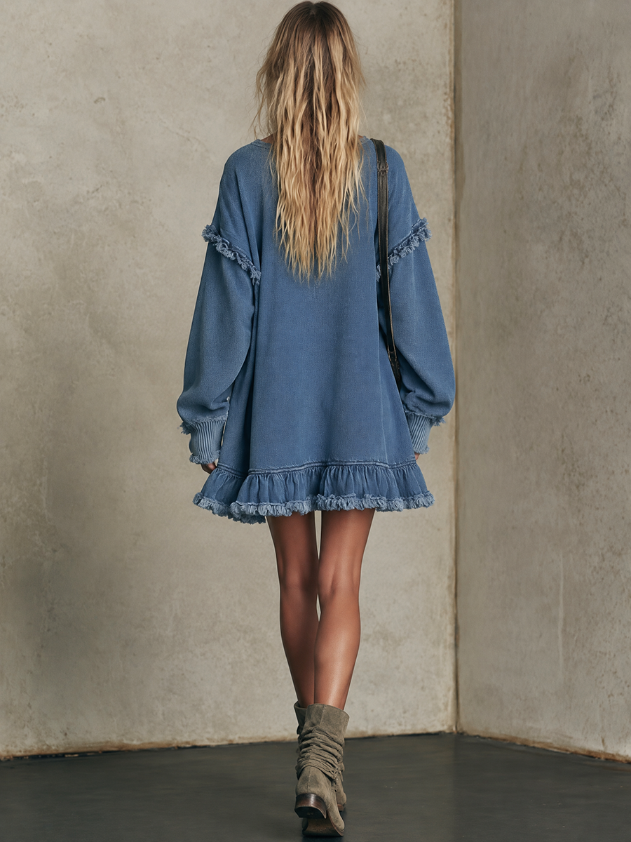 Women’s Oversized Half-Zip Sweatshirt Dress With Frayed Ruffle Hem