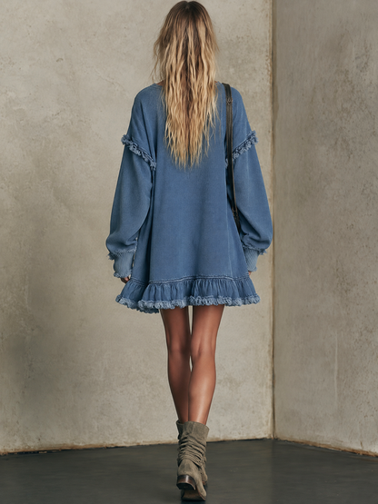 Women’s Oversized Half-Zip Sweatshirt Dress With Frayed Ruffle Hem