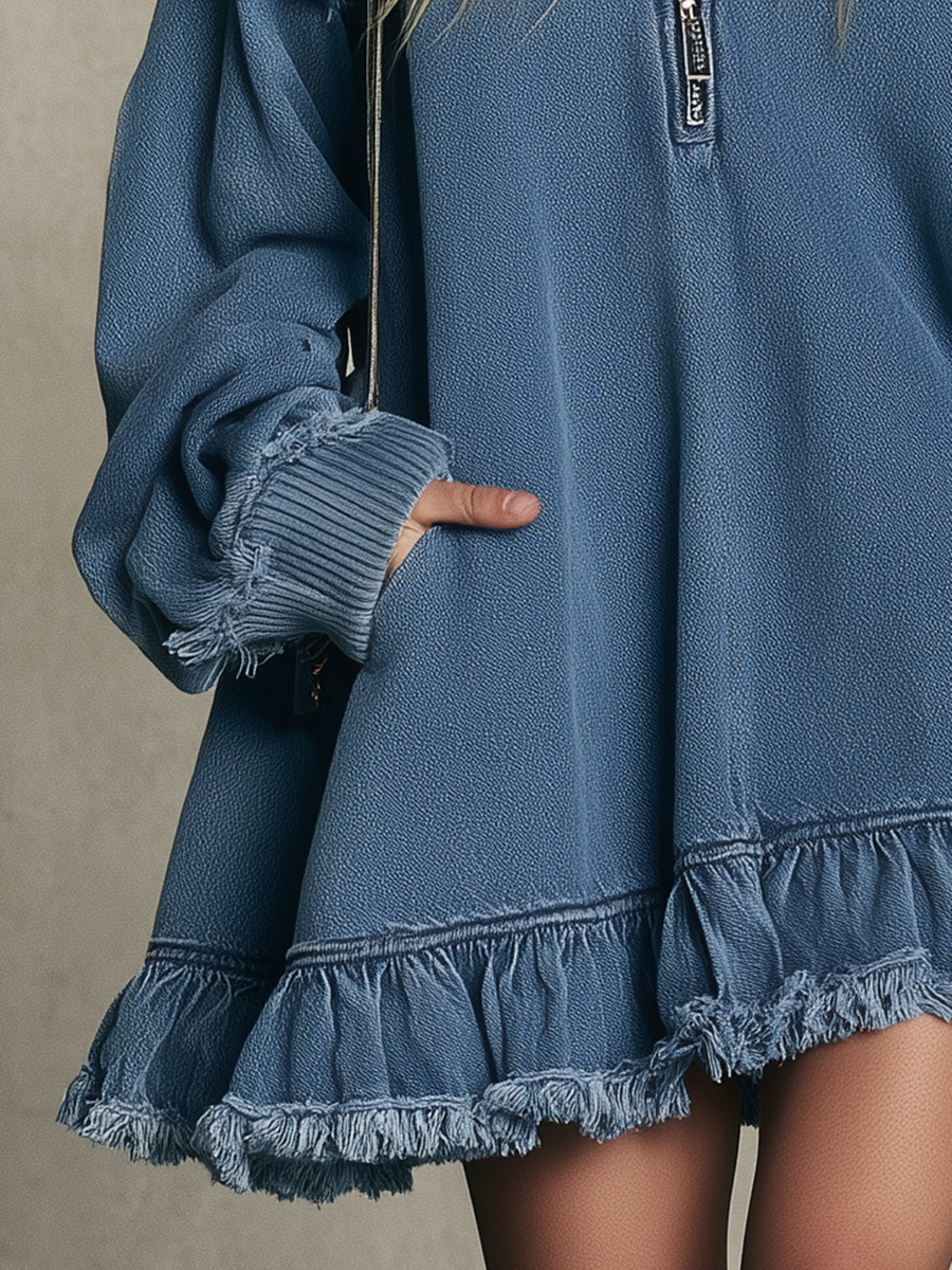 Women’s Oversized Half-Zip Sweatshirt Dress With Frayed Ruffle Hem