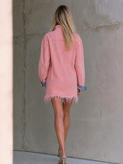 Pink Oversized Distressed Denim Shirt Dress With Frayed Hem