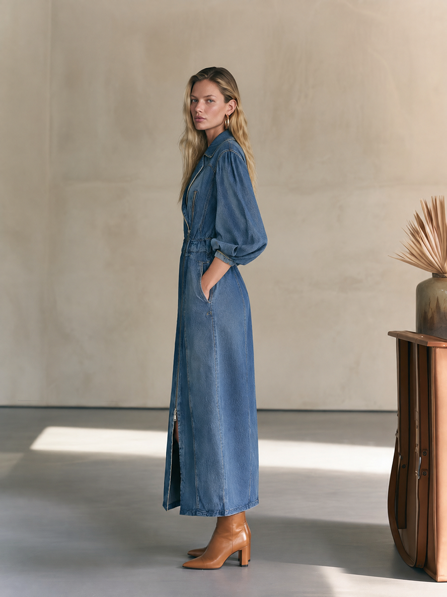 Dark Denim Maxi Coat Dress With Asymmetric Zipper And Balloon Sleeves