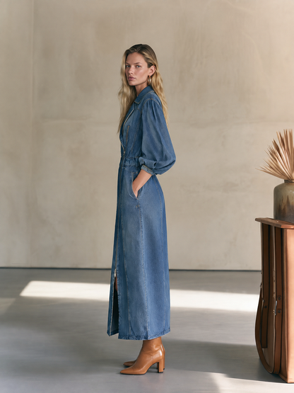 Dark Denim Maxi Coat Dress With Asymmetric Zipper And Balloon Sleeves